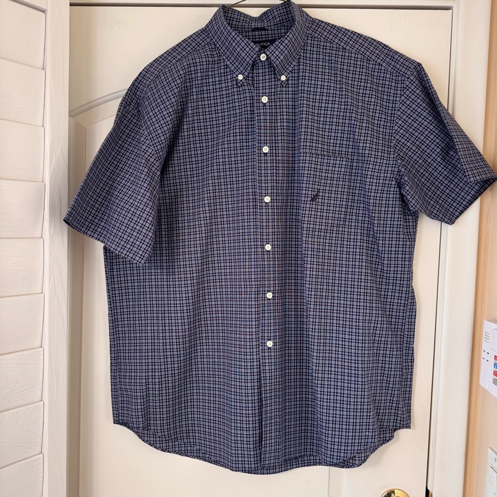 Nautica Blue Checkered Plaid Short Sleeve Button Front Pocket Shirt Mens XXL